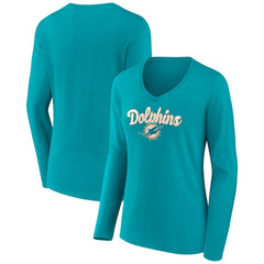 Miami Dolphins Women's Freehand Team Long Sleeve V-Neck T-Shirt Aqua - NFL