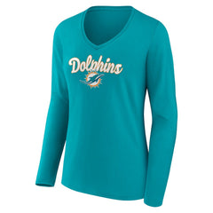 Miami Dolphins Women's Freehand Team Long Sleeve V-Neck T-Shirt Aqua - NFL