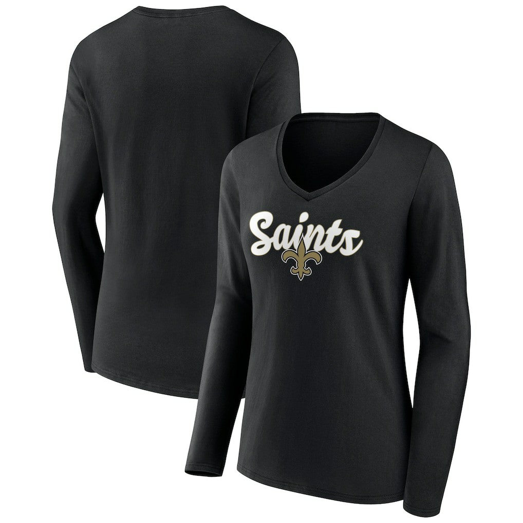 New Orleans Saints Women's Freehand Team Long Sleeve V-Neck T-Shirt Black - NFL