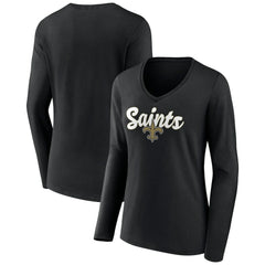 New Orleans Saints Women's Freehand Team Long Sleeve V-Neck T-Shirt Black - NFL
