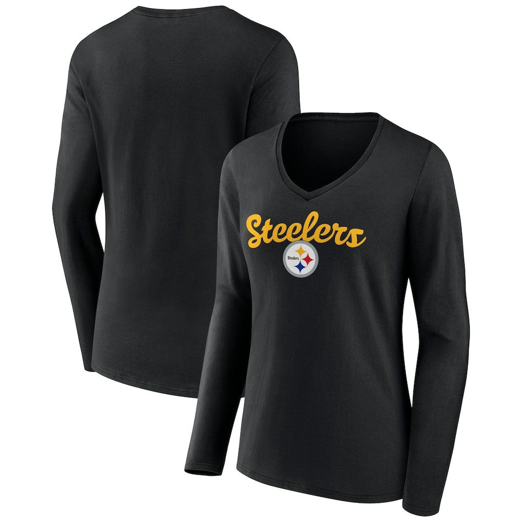Pittsburgh Steelers Women's Freehand Team Long Sleeve V-Neck T-Shirt Black - NFL