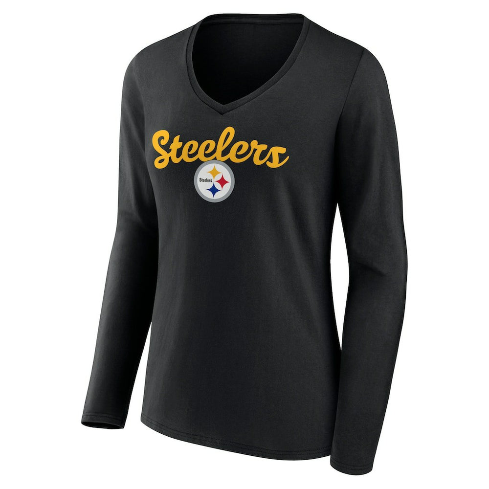 Pittsburgh Steelers Women's Freehand Team Long Sleeve V-Neck T-Shirt Black - NFL
