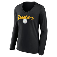 Pittsburgh Steelers Women's Freehand Team Long Sleeve V-Neck T-Shirt Black - NFL