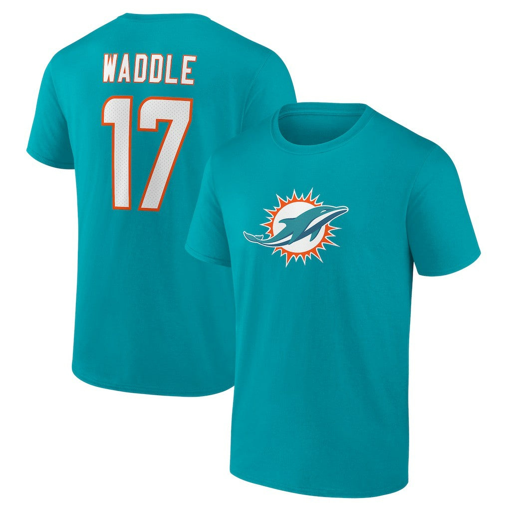 Jaylen Waddle Miami Dolphins Player Icon Name & Number T-Shirt Aqua - NFL