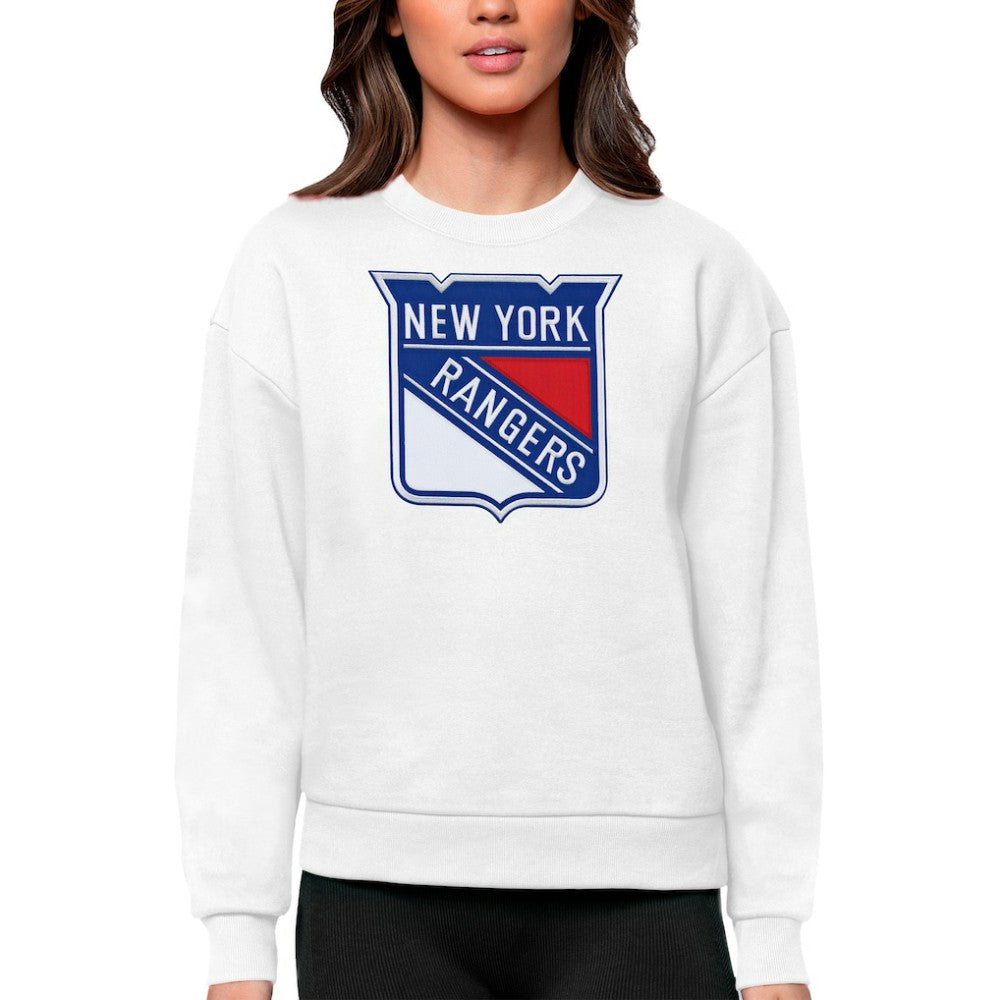 New York Rangers Antigua Women's Team Logo Victory Crewneck Pullover Sweatshirt White