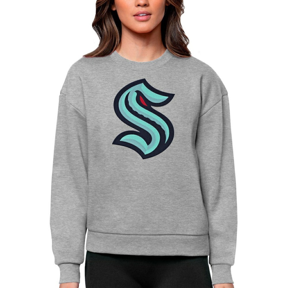 Seattle Kraken Antigua Women's Team Logo Victory Crewneck Pullover Sweatshirt Heather Gray