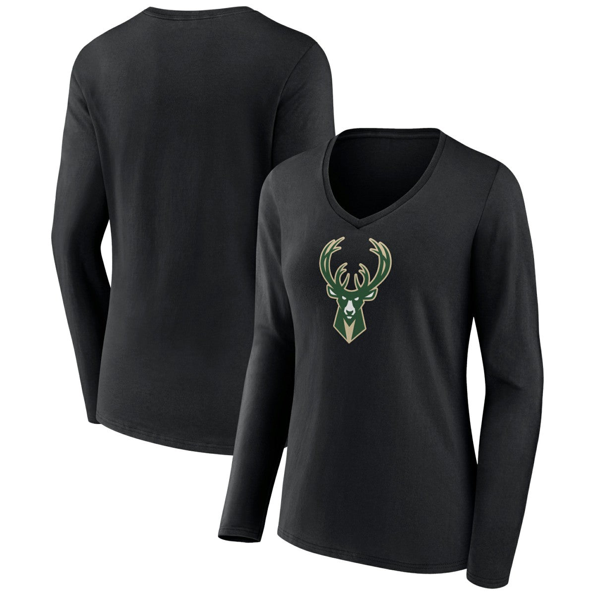 NBA - Milwaukee Bucks Women's Logo Long Sleeve V-Neck T-Shirt - Black
