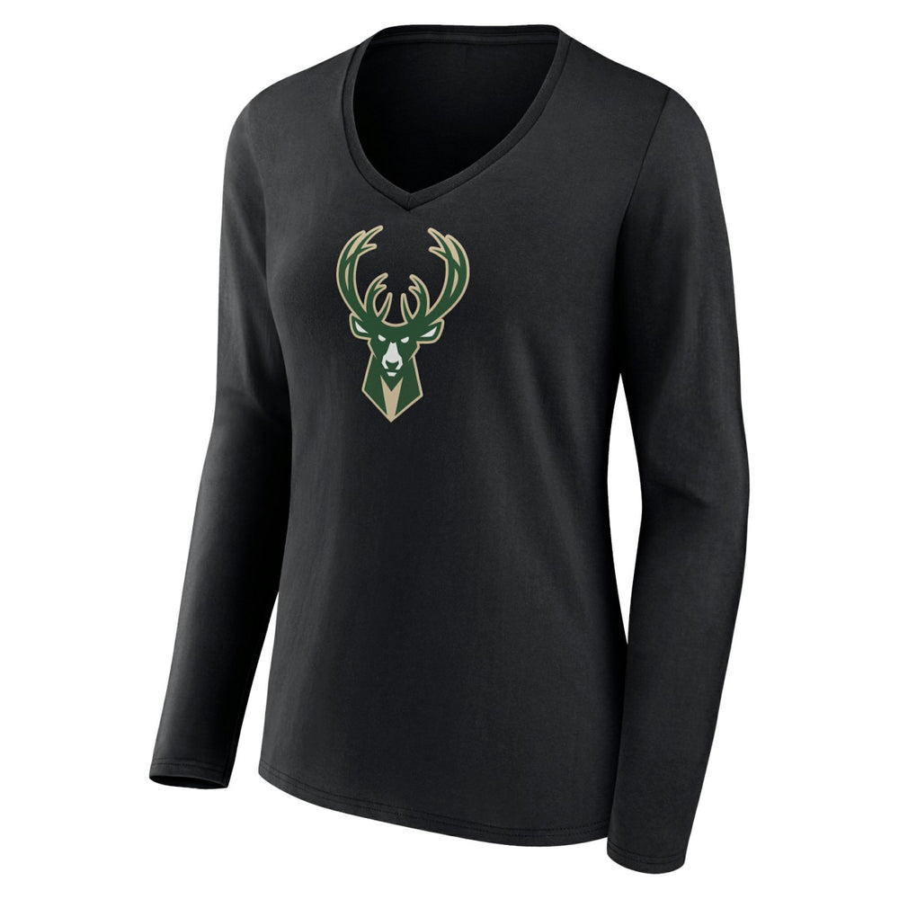 NBA - Milwaukee Bucks Women's Logo Long Sleeve V-Neck T-Shirt - Black