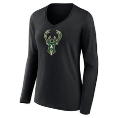 NBA - Milwaukee Bucks Women's Logo Long Sleeve V-Neck T-Shirt - Black