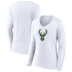 NBA - Milwaukee Bucks Women's Logo Long Sleeve V-Neck T-Shirt - White