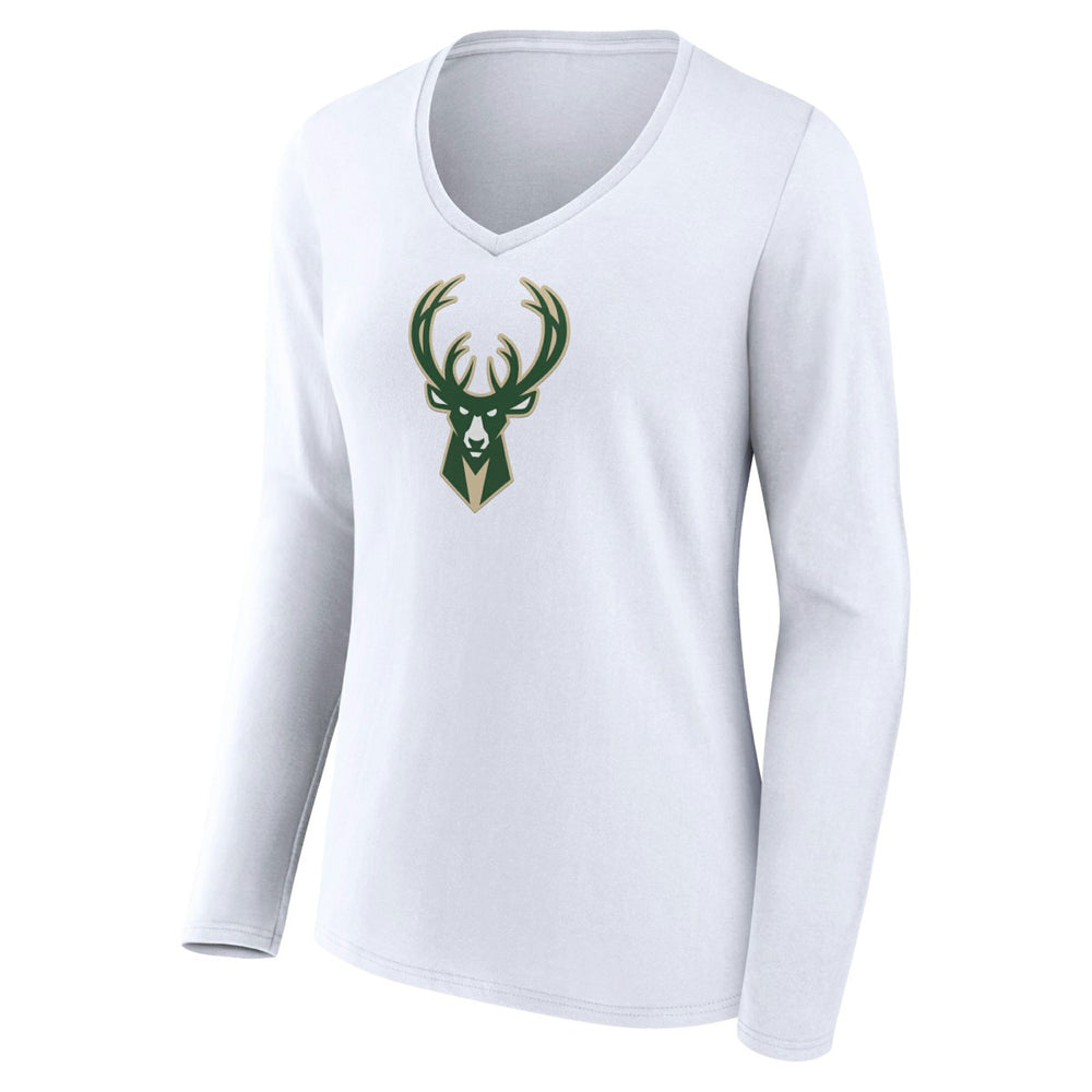 NBA - Milwaukee Bucks Women's Logo Long Sleeve V-Neck T-Shirt - White