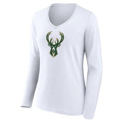NBA - Milwaukee Bucks Women's Logo Long Sleeve V-Neck T-Shirt - White