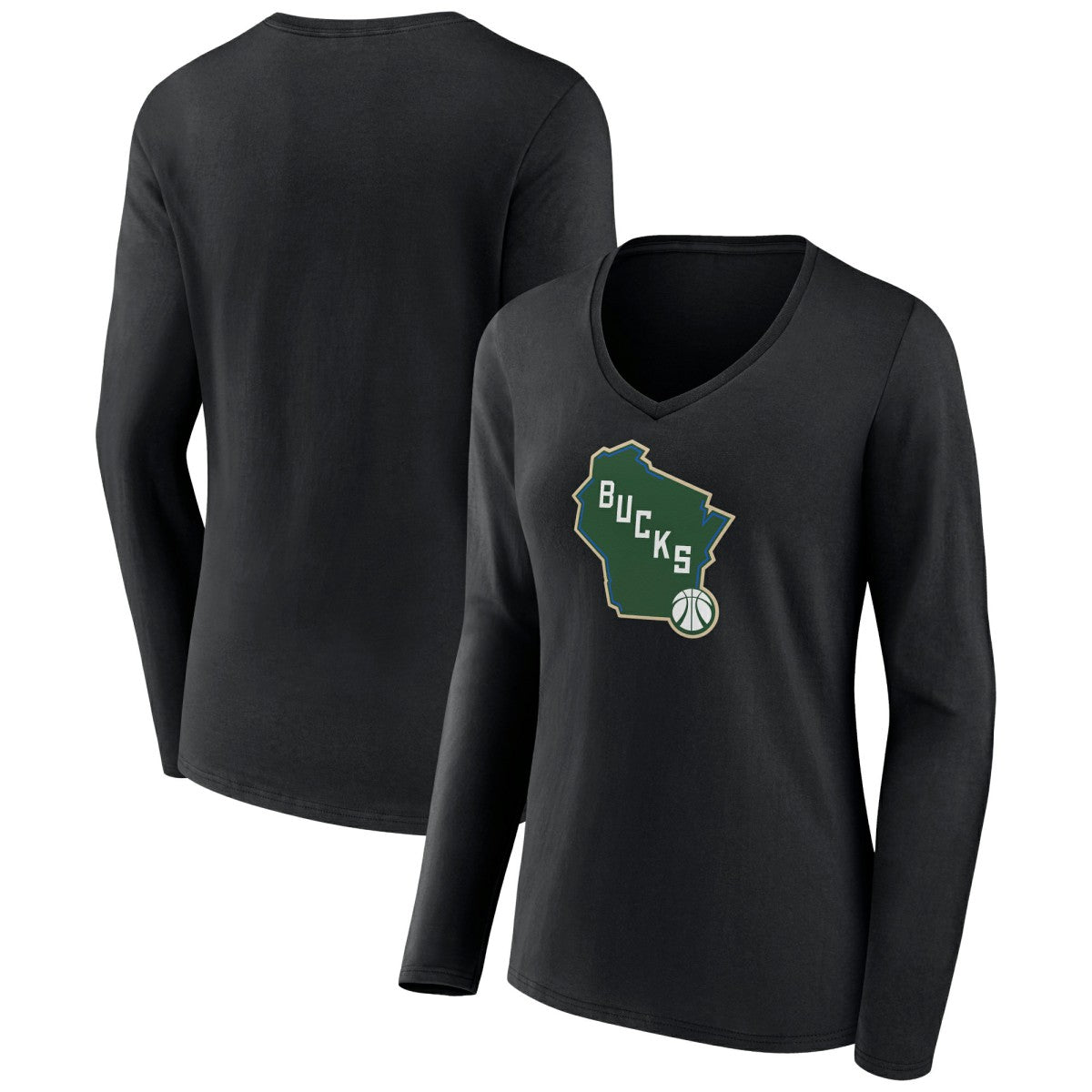 NBA - Milwaukee Bucks Women's Alternate Logo V-Neck Long Sleeve T-Shirt - Black