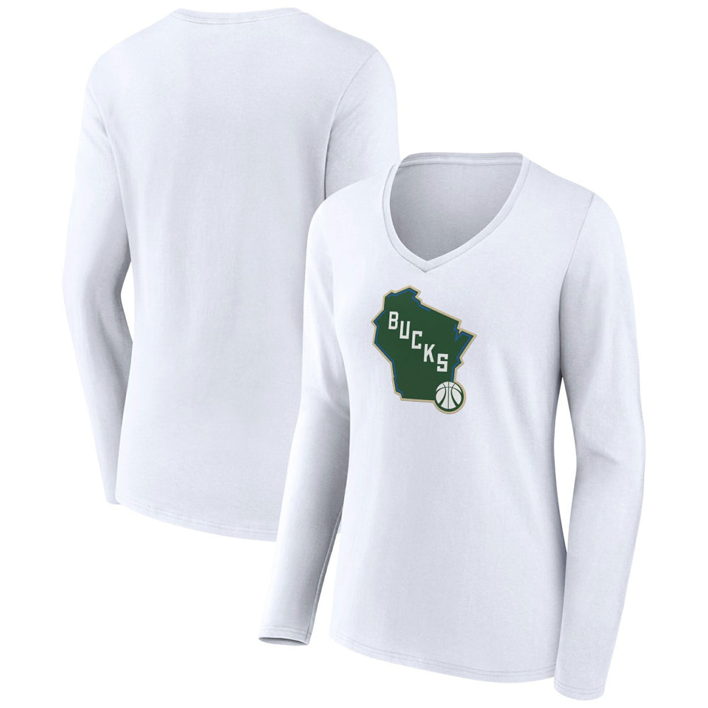 NBA - Milwaukee Bucks Women's Alternate Logo V-Neck Long Sleeve T-Shirt - White