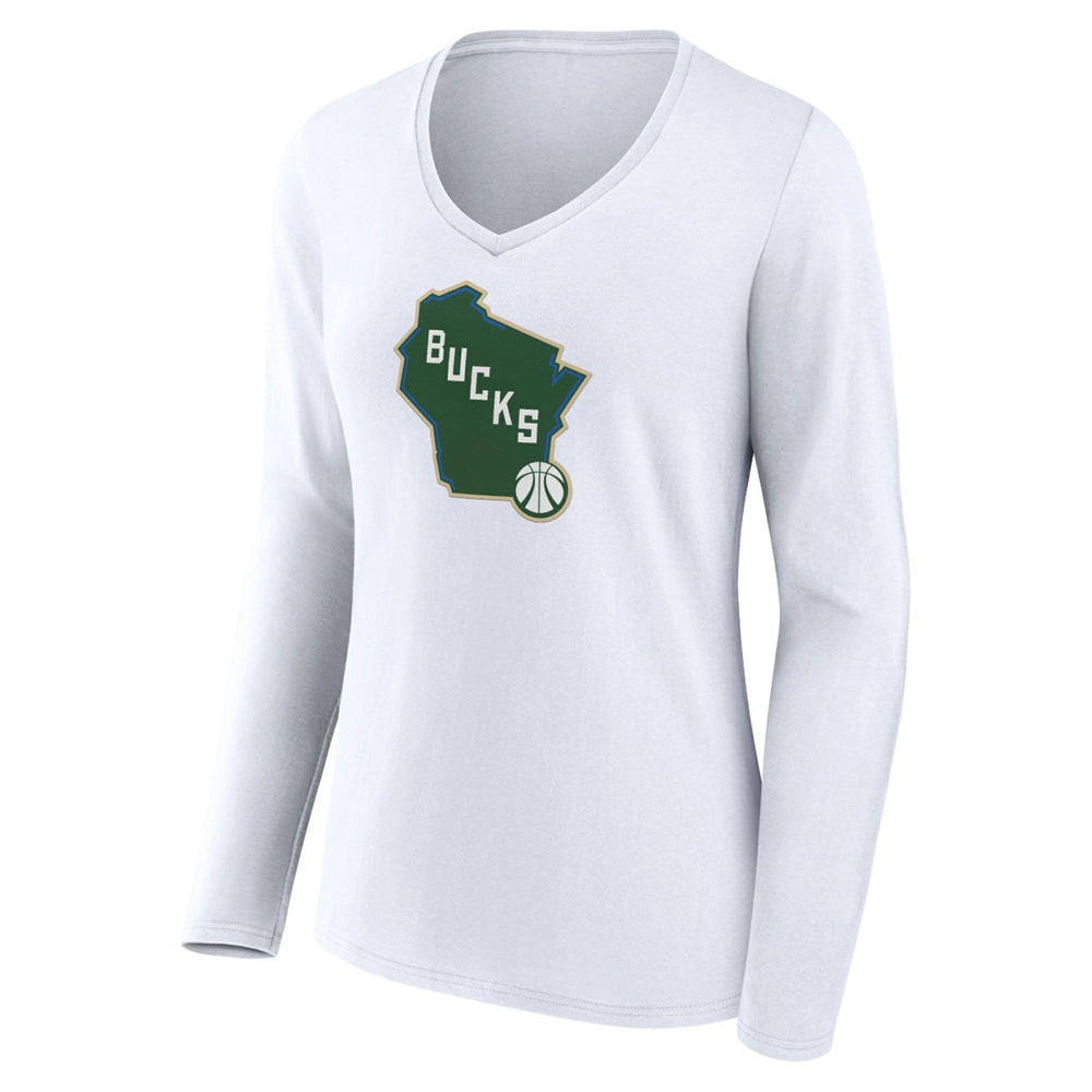 NBA - Milwaukee Bucks Women's Alternate Logo V-Neck Long Sleeve T-Shirt - White