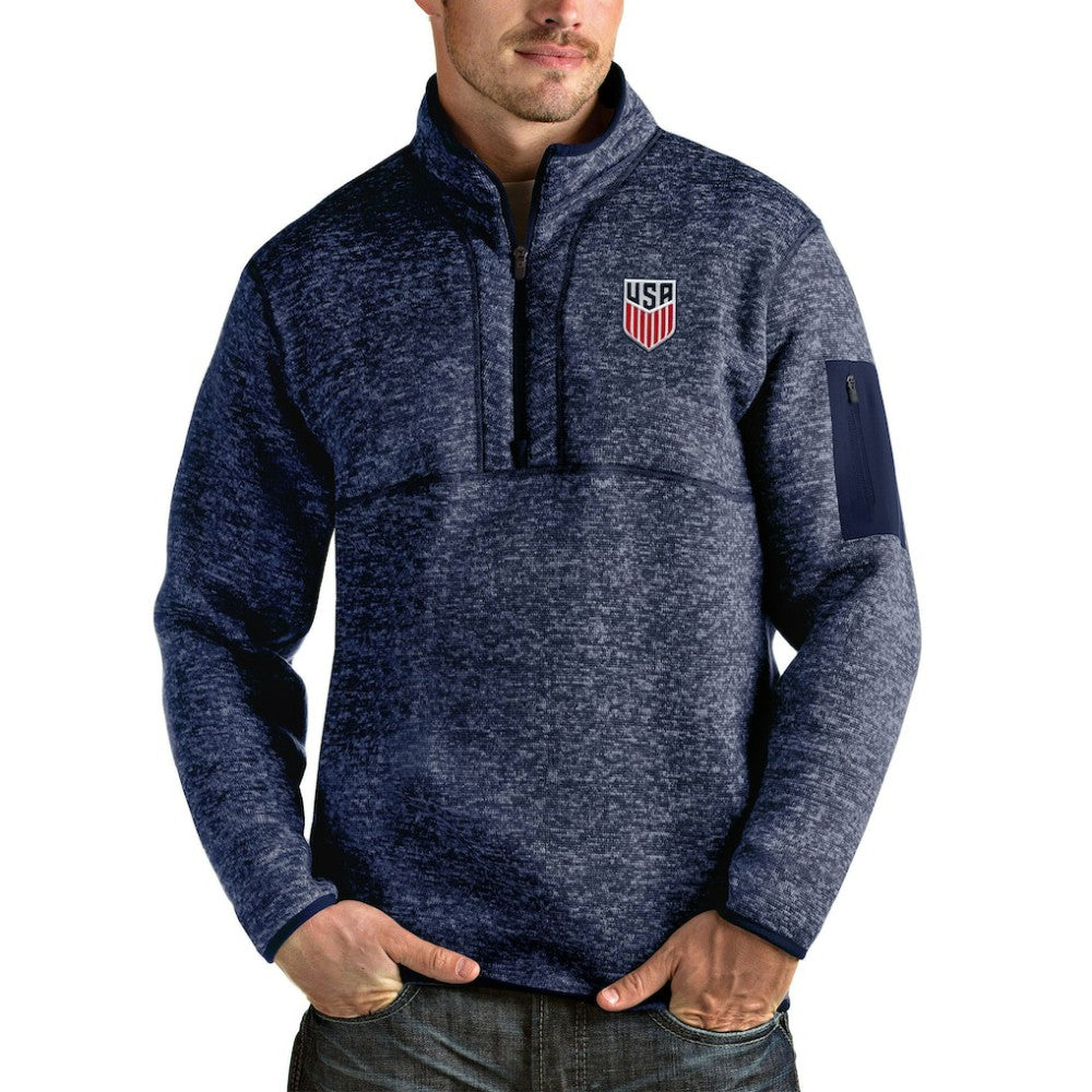 USMNT Antigua Fortune Quarter-Zip Pullover Jacket - Heather Navy