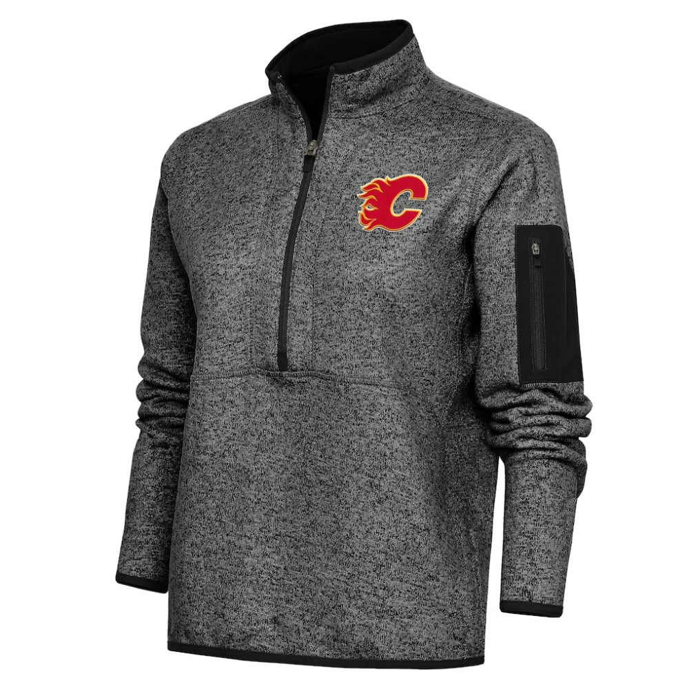 Calgary Flames - Antigua Women's Team Logo Fortune Quarter-Zip Jacket Heather Black