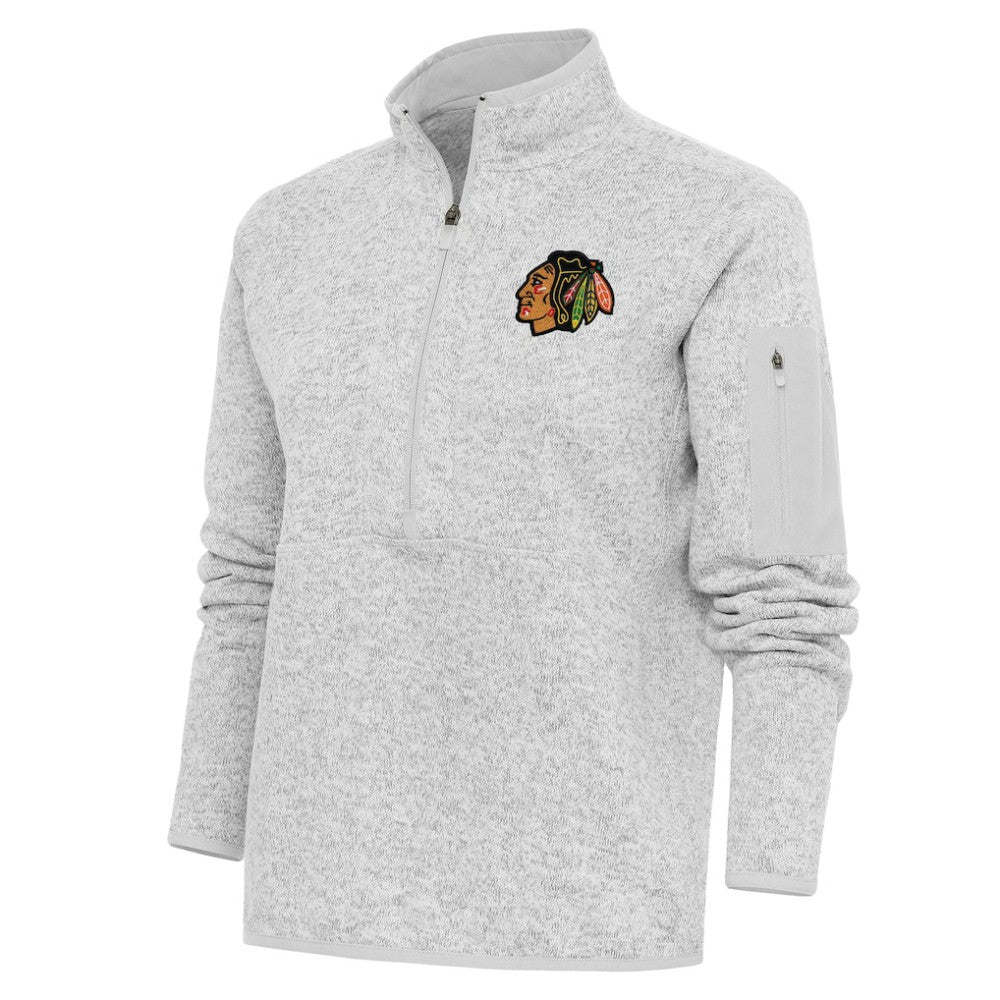 Chicago Blackhawks Antigua Women's Team Logo Fortune Quarter-Zip Jacket Heather Gray