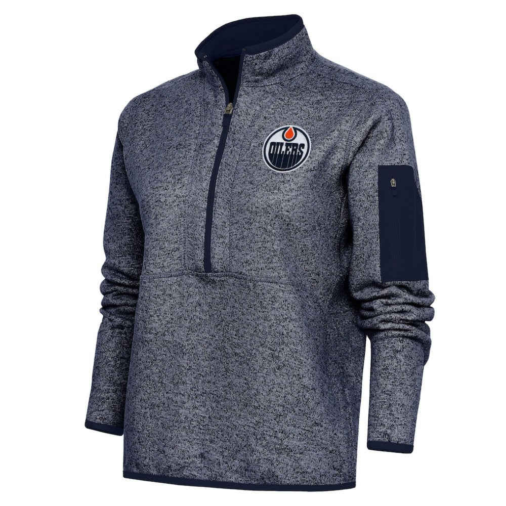 Edmonton Oilers - Antigua Women's Team Logo Fortune Quarter-Zip Jacket Heather Navy