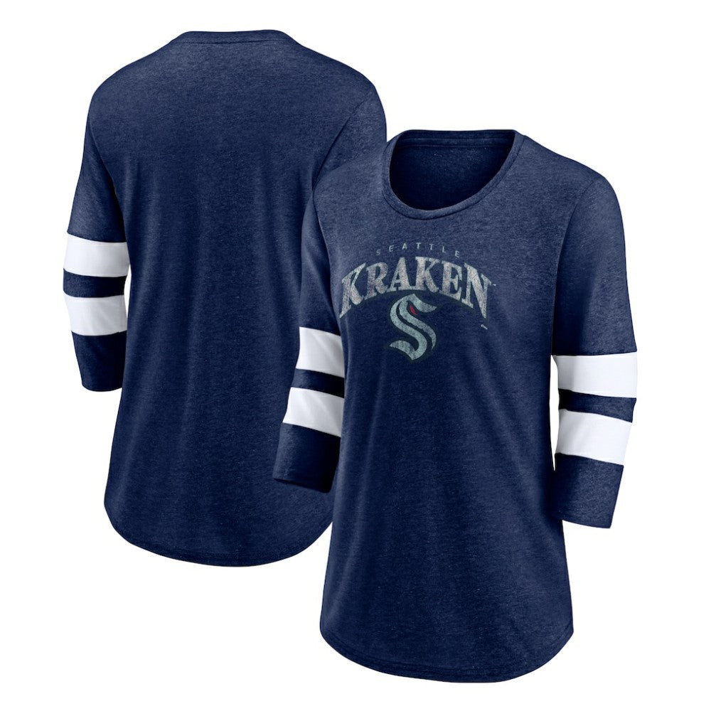 Seattle Kraken Fanatics Women's Special Edition 2.0 Barn Burner 3/4 Sleeve T-Shirt Heather Deep Sea Blue