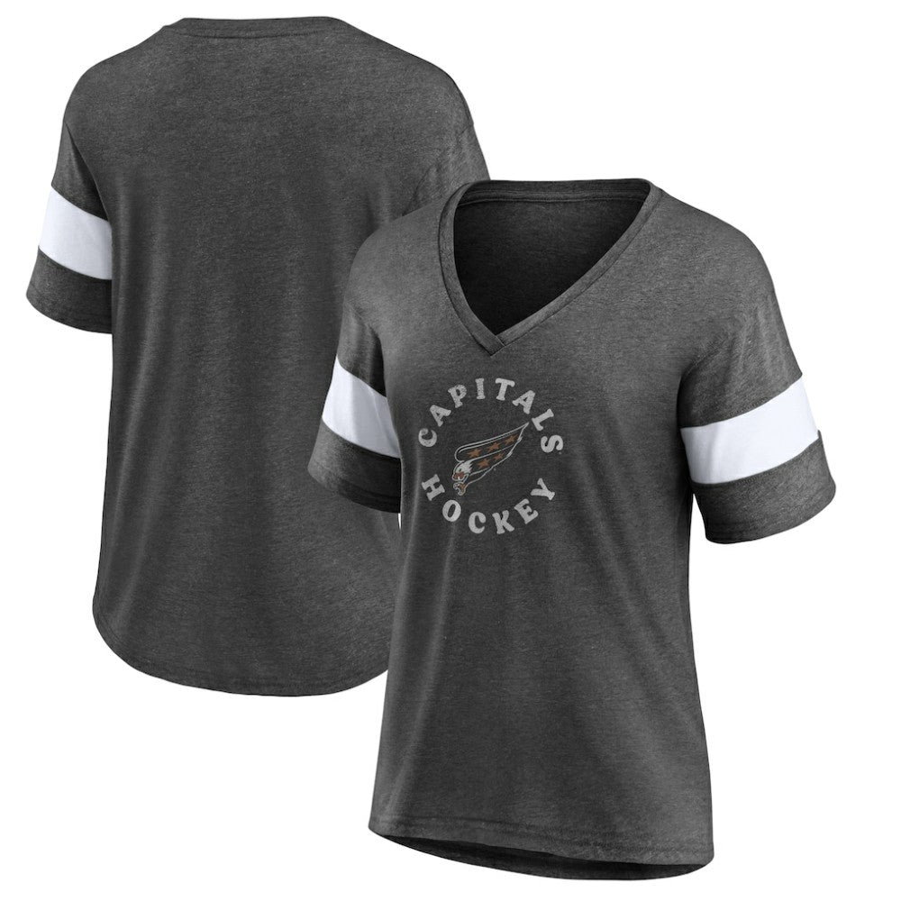 Washington Capitals Fanatics Women's Special Edition 2.0 Ring The Alarm V-Neck T-Shirt Heather Charcoal