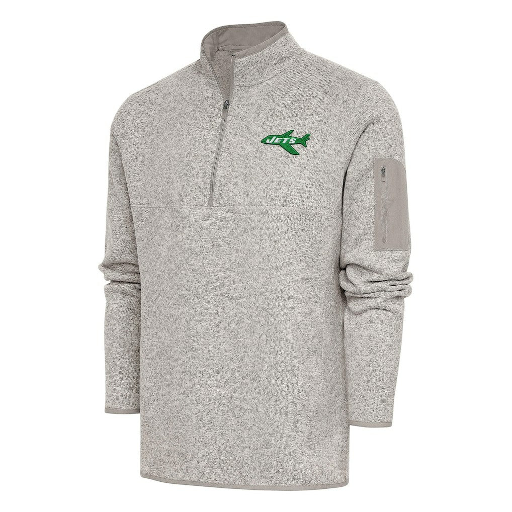 New York Jets Antigua Throwback Fortune Quarter-Zip Pullover Jacket Oatmeal - NFL