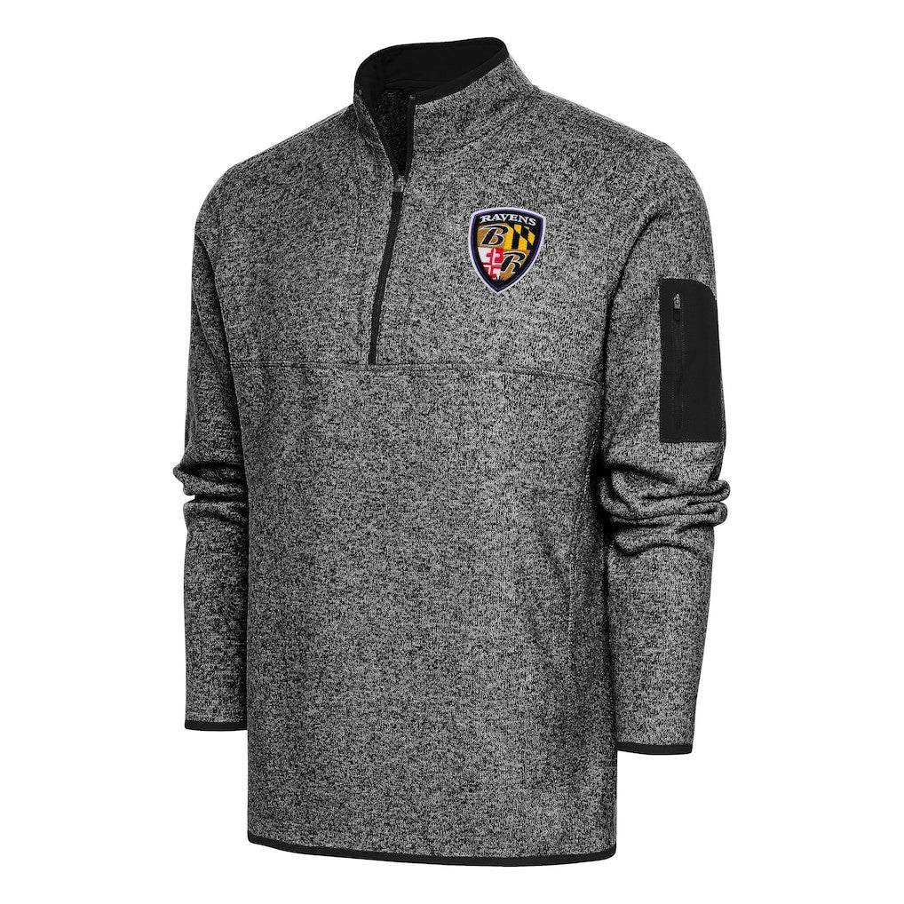 Baltimore Ravens Antigua Throwback Fortune Quarter-Zip Pullover Jacket Heather Black - NFL