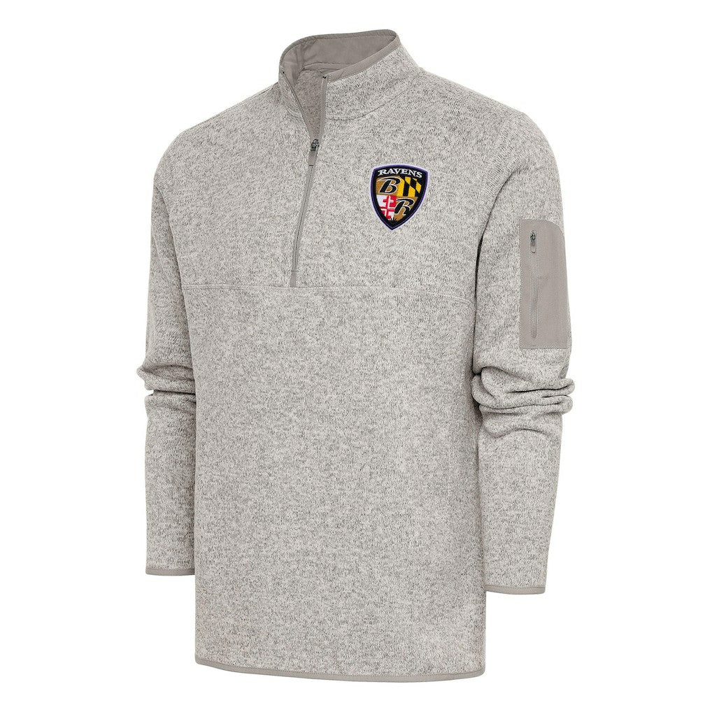 Baltimore Ravens Antigua Throwback Fortune Quarter-Zip Pullover Jacket Oatmeal - NFL