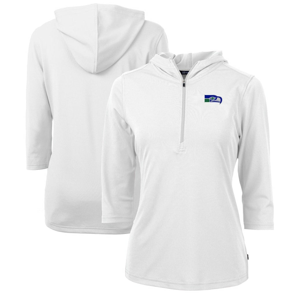 Seattle Seahawks Cutter & Buck Women's Throwback Logo Virtue Eco Pique 3/4 Sleeve Half-Zip Pullover Hoodie White - NFL