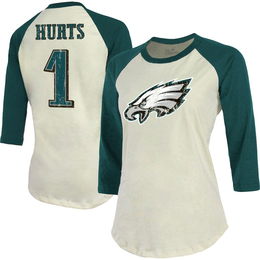 Jalen Hurts Philadelphia Eagles Majestic Threads Women's Player Raglan Name & Number Fitted 3/4-Sleeve T-Shirt Cream/Green - NFL