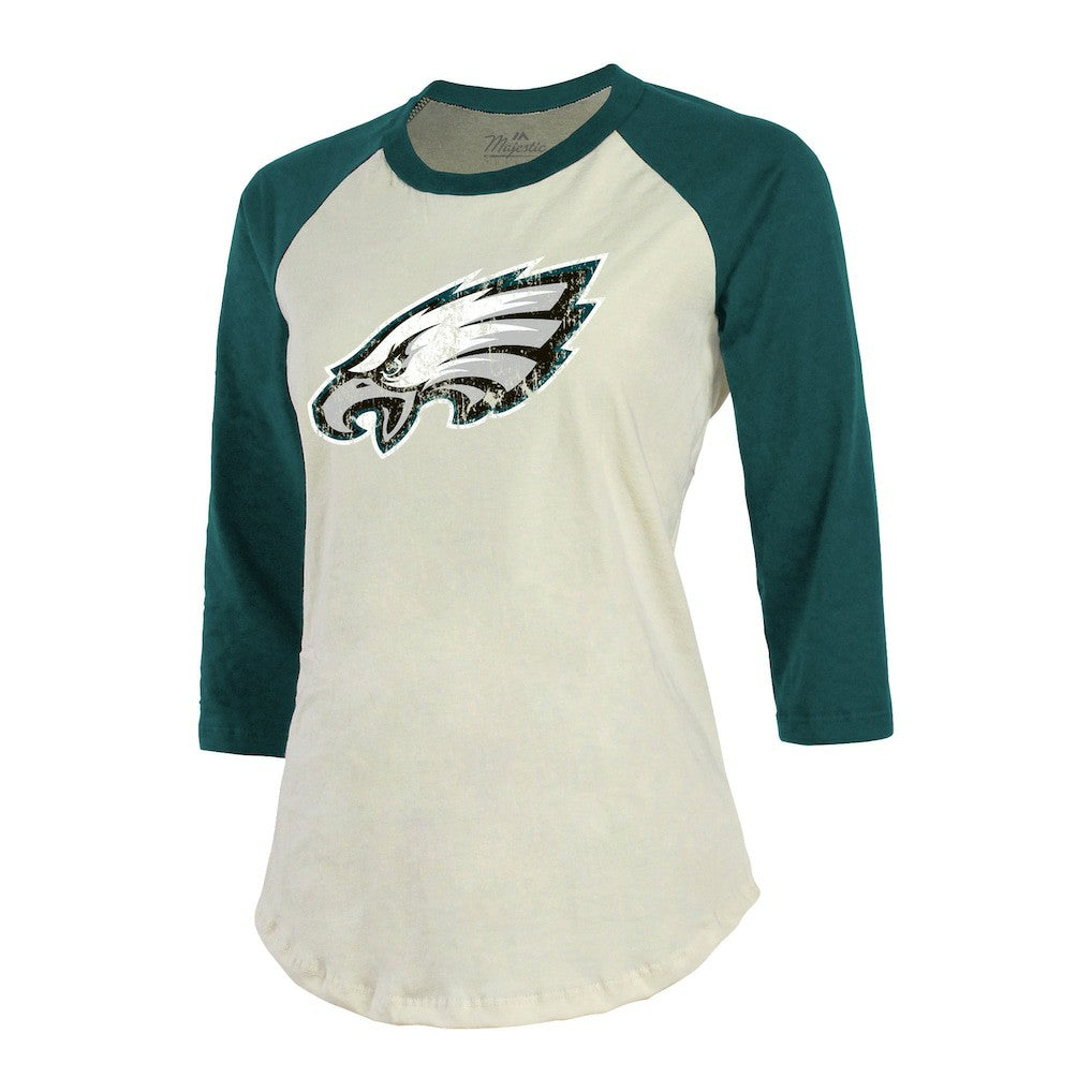 Jalen Hurts Philadelphia Eagles Majestic Threads Women's Player Raglan Name & Number Fitted 3/4-Sleeve T-Shirt Cream/Green - NFL