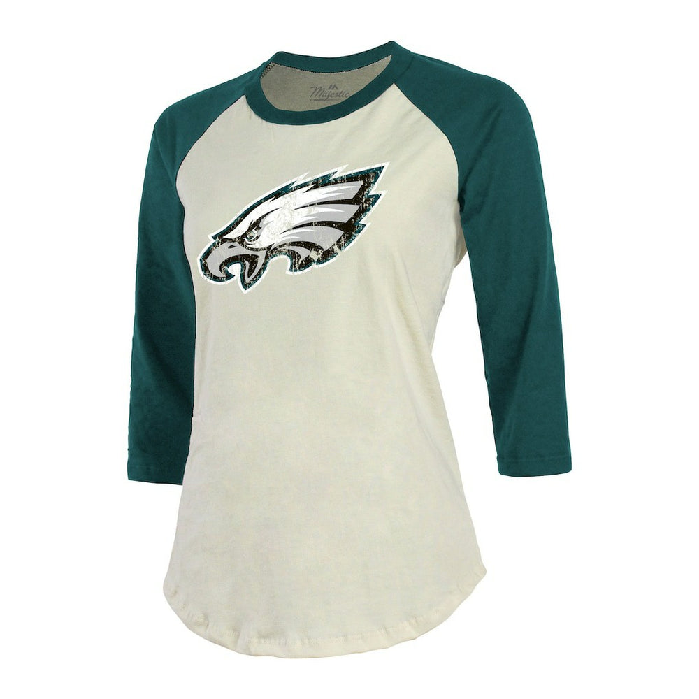 Jalen Hurts Philadelphia Eagles Majestic Threads Women's Player Raglan Name & Number Fitted 3/4-Sleeve T-Shirt Cream/Green - NFL