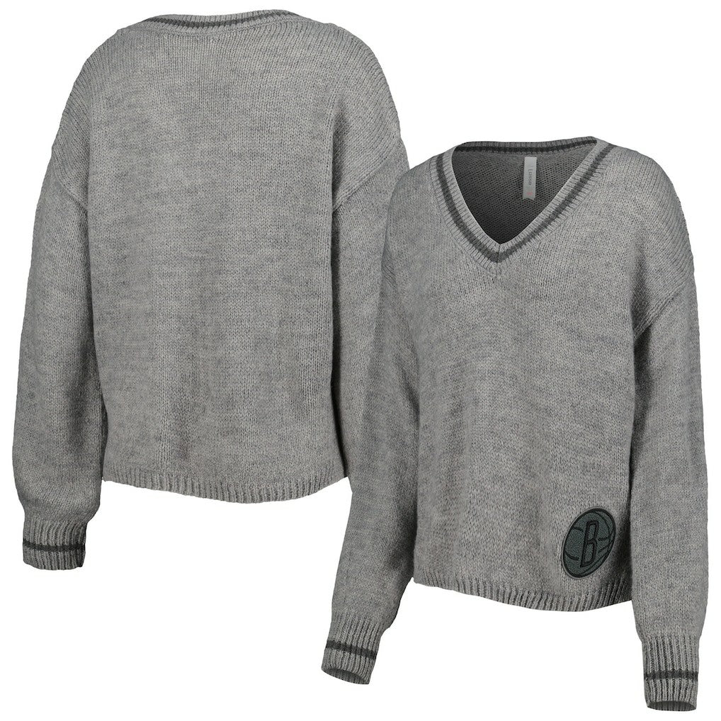NBA - Brooklyn Nets Lusso Women's Scarletts Lantern Sleeve Tri-Blend V-Neck Pullover Sweater - Gray