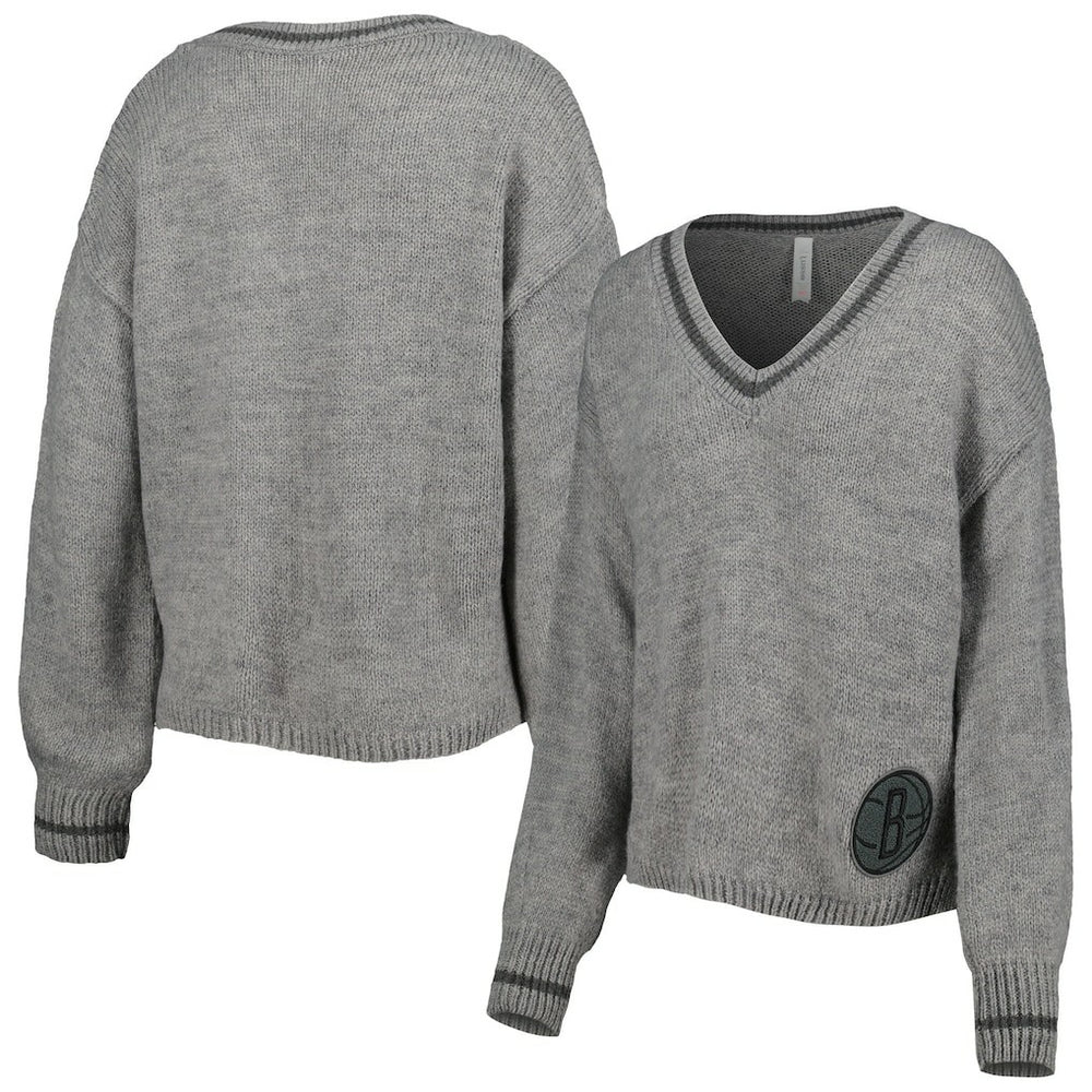 NBA - Brooklyn Nets Lusso Women's Scarletts Lantern Sleeve Tri-Blend V-Neck Pullover Sweater - Gray