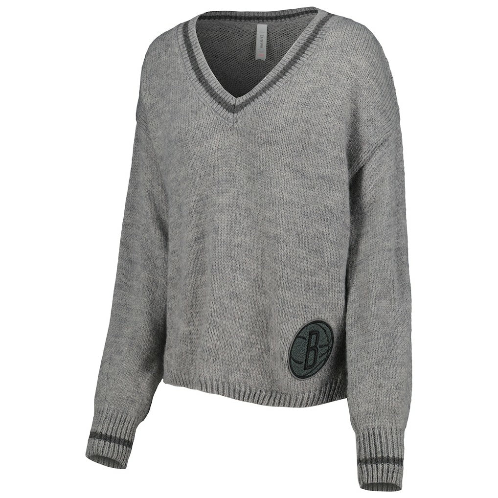 NBA - Brooklyn Nets Lusso Women's Scarletts Lantern Sleeve Tri-Blend V-Neck Pullover Sweater - Gray