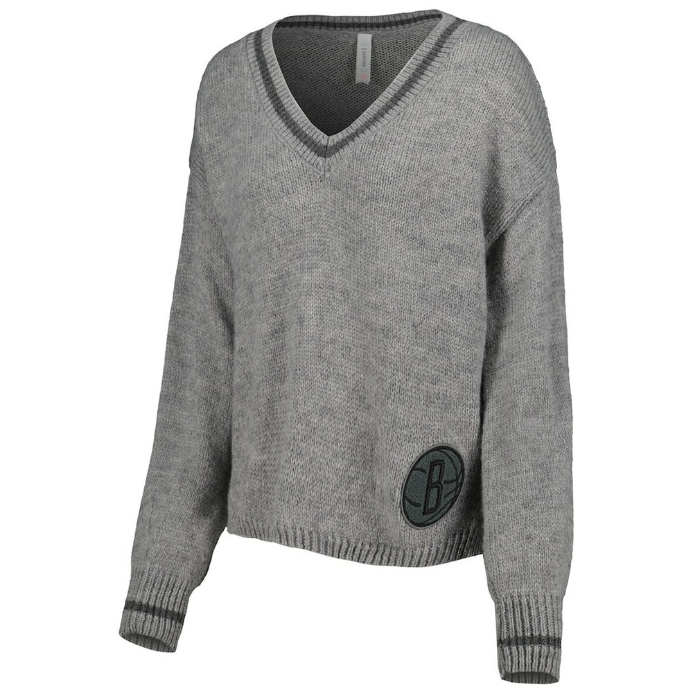 NBA - Brooklyn Nets Lusso Women's Scarletts Lantern Sleeve Tri-Blend V-Neck Pullover Sweater - Gray