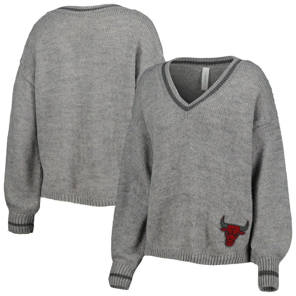 NBA - Chicago Bulls Lusso Women's Scarletts Lantern Sleeve Tri-Blend V-Neck Pullover Sweater - Gray