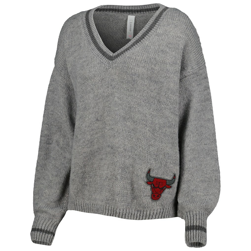 NBA - Chicago Bulls Lusso Women's Scarletts Lantern Sleeve Tri-Blend V-Neck Pullover Sweater - Gray
