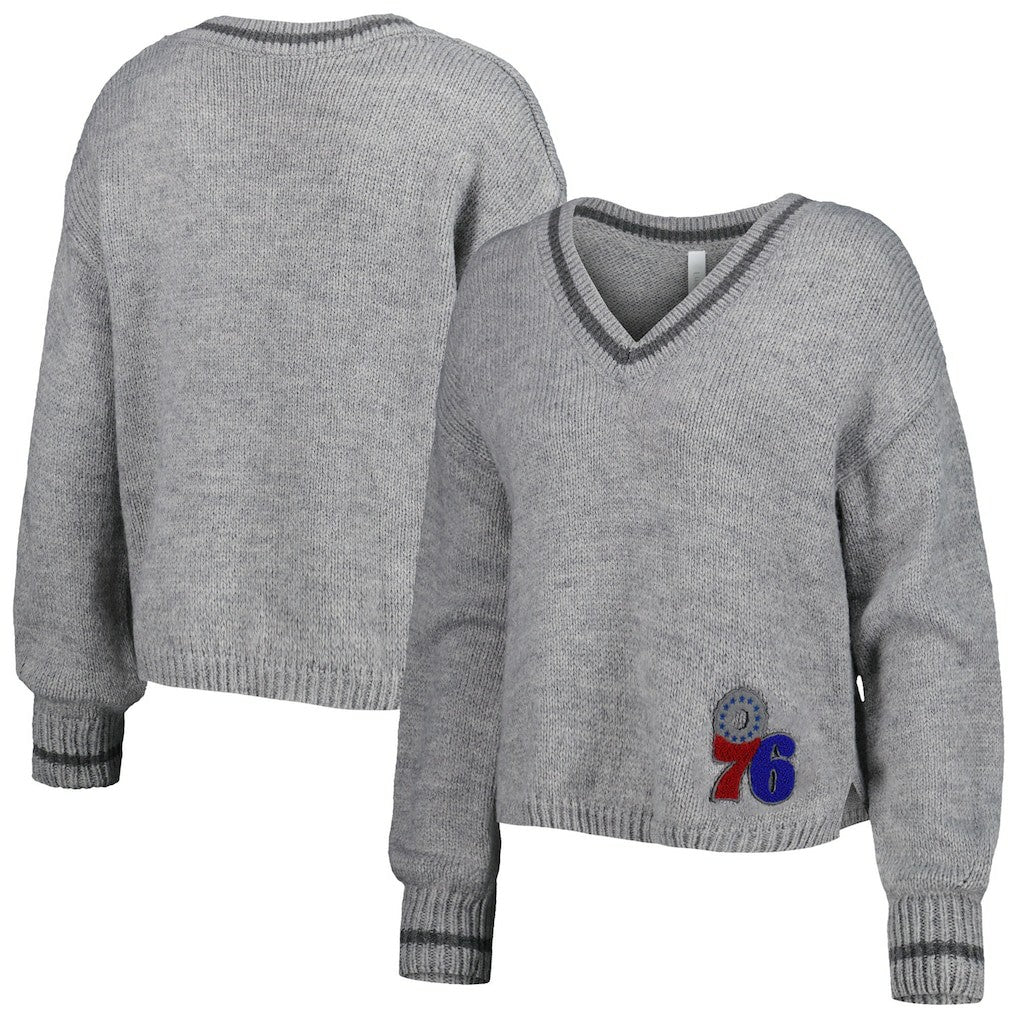 NBA - Philadelphia 76ers Lusso Women's Scarletts Lantern Sleeve Tri-Blend V-Neck Pullover Sweater - Gray