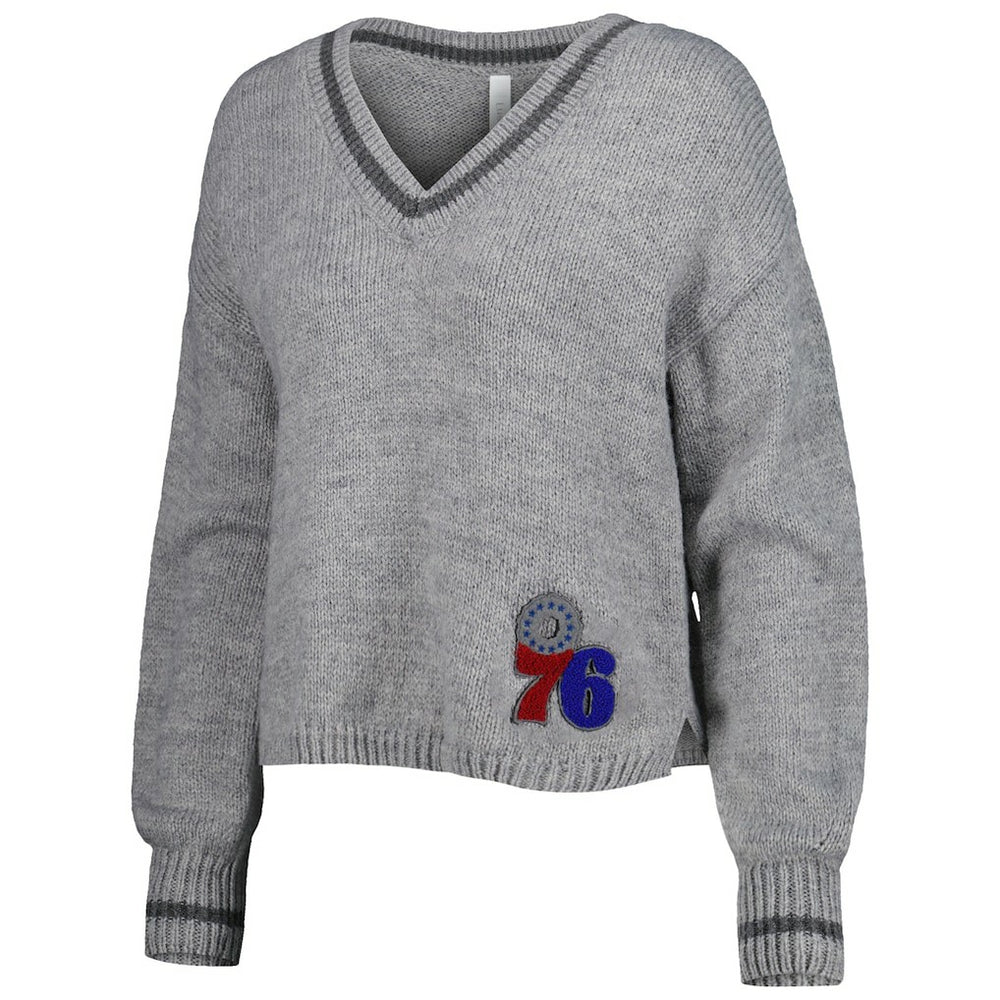 NBA - Philadelphia 76ers Lusso Women's Scarletts Lantern Sleeve Tri-Blend V-Neck Pullover Sweater - Gray