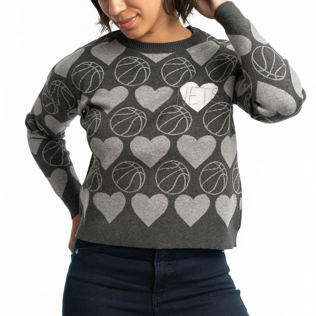 NBA - Brooklyn Nets Lusso Women's Basketball Love Swarovski Crystal Intarsia Pullover Sweater - Charcoal