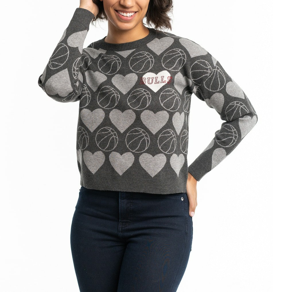 NBA - Chicago Bulls Lusso Women's Basketball Love Swarovski Crystal Intarsia Pullover Sweater - Charcoal