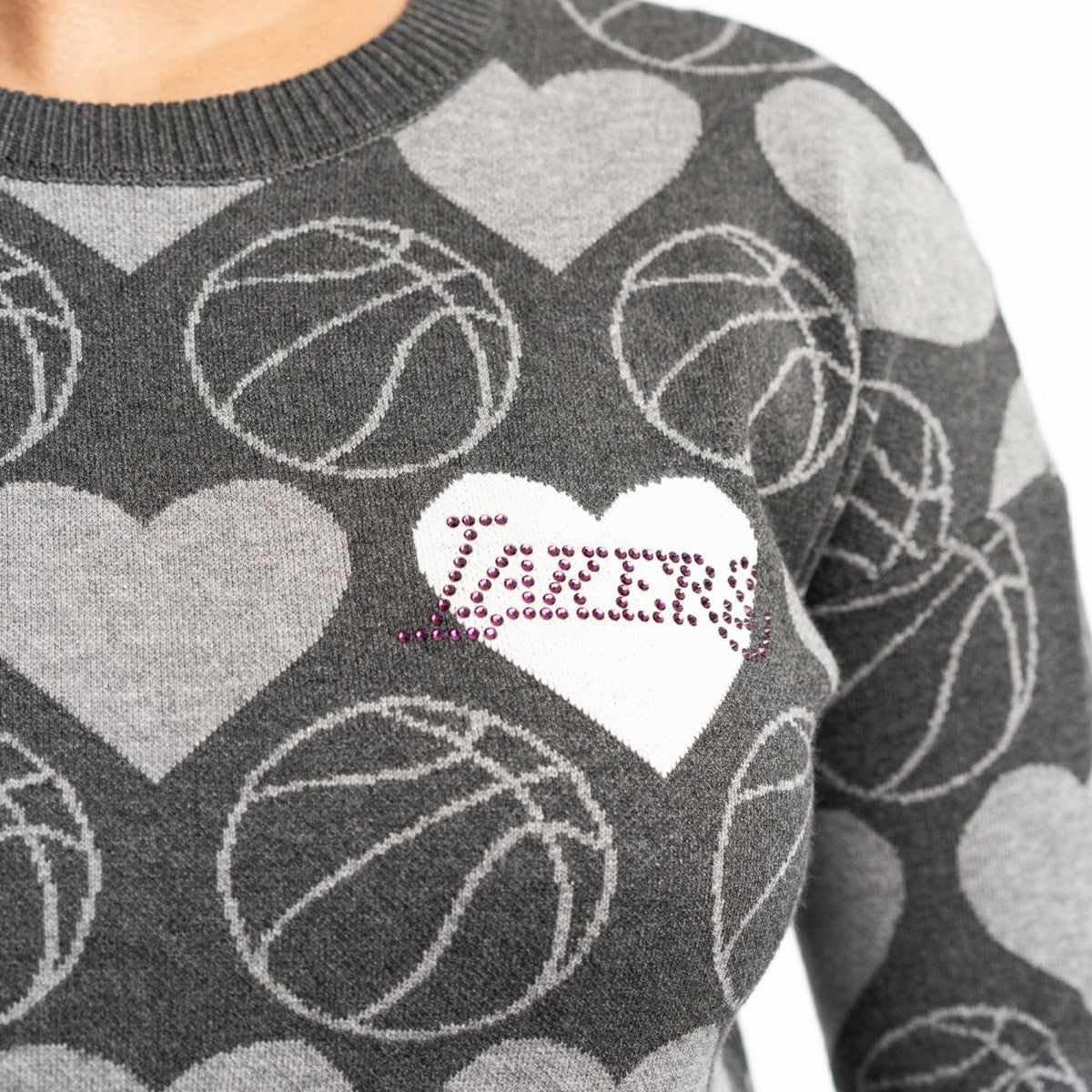 NBA - Los Angeles Lakers Lusso Women's Basketball Love Swarovski Crystal Intarsia Pullover Sweater - Charcoal