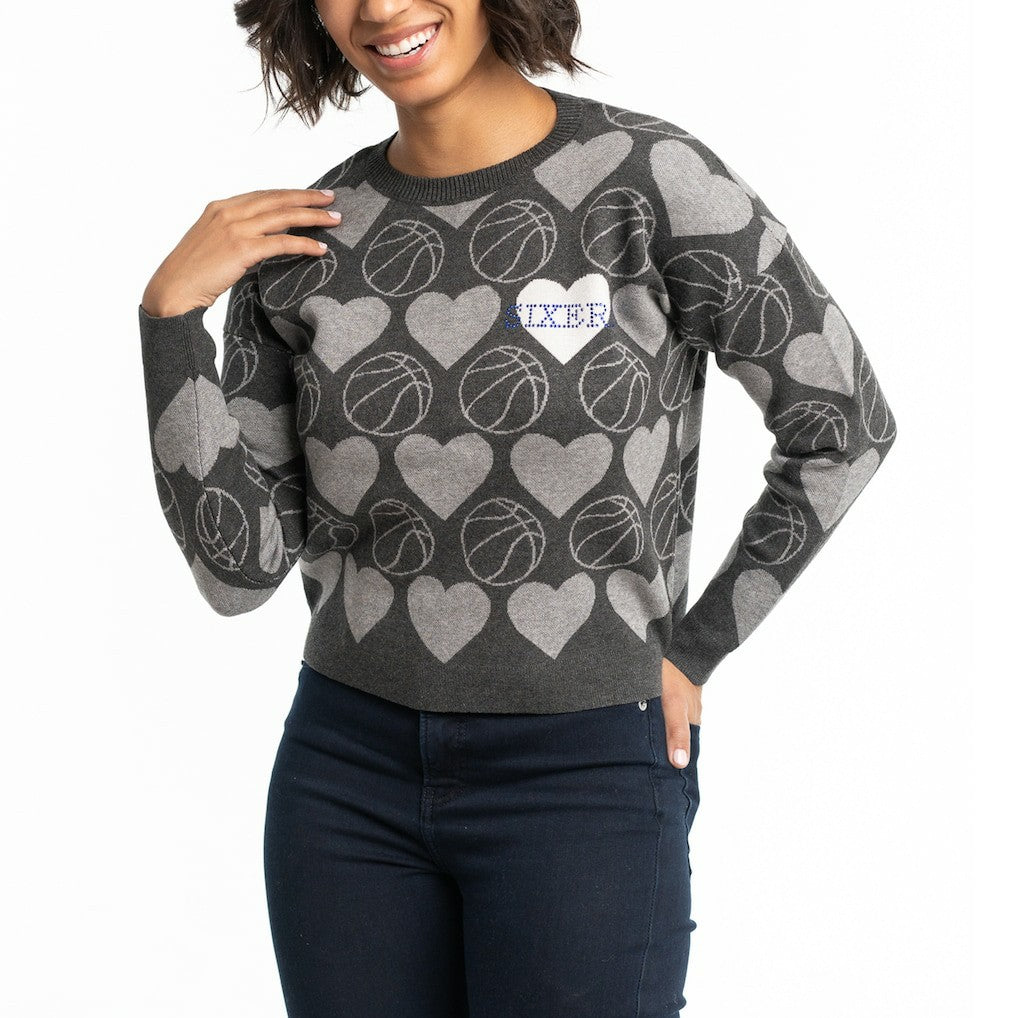 NBA - Philadelphia 76ers Lusso Women's Basketball Love Swarovski Crystal Intarsia Pullover Sweater - Charcoal
