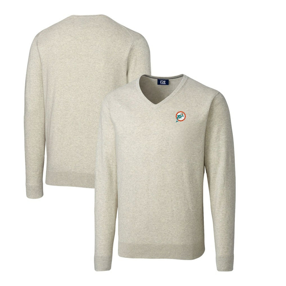 Miami Dolphins Cutter & Buck Throwback Logo Lakemont Tri-Blend Big & Tall V-Neck Pullover Sweater Oatmeal - NFL
