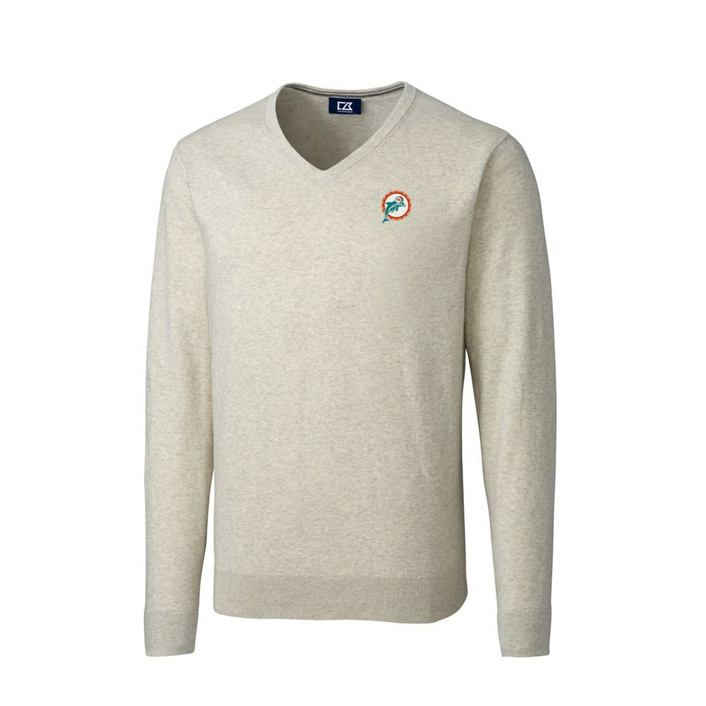 Miami Dolphins Cutter & Buck Throwback Logo Lakemont Tri-Blend Big & Tall V-Neck Pullover Sweater Oatmeal - NFL
