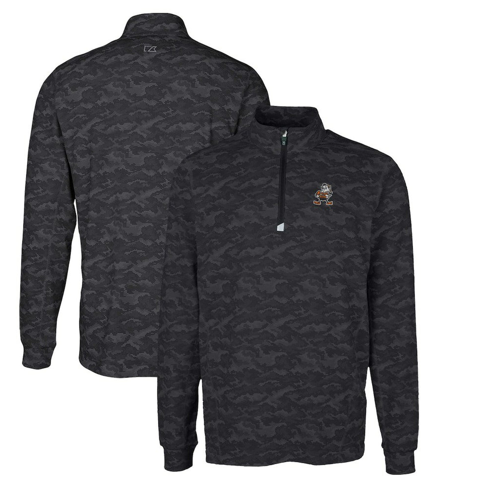 Cleveland Browns Cutter & Buck Throwback Logo Big & Tall Traverse Camo Print Stretch Quarter-Zip Pullover Top Black - NFL