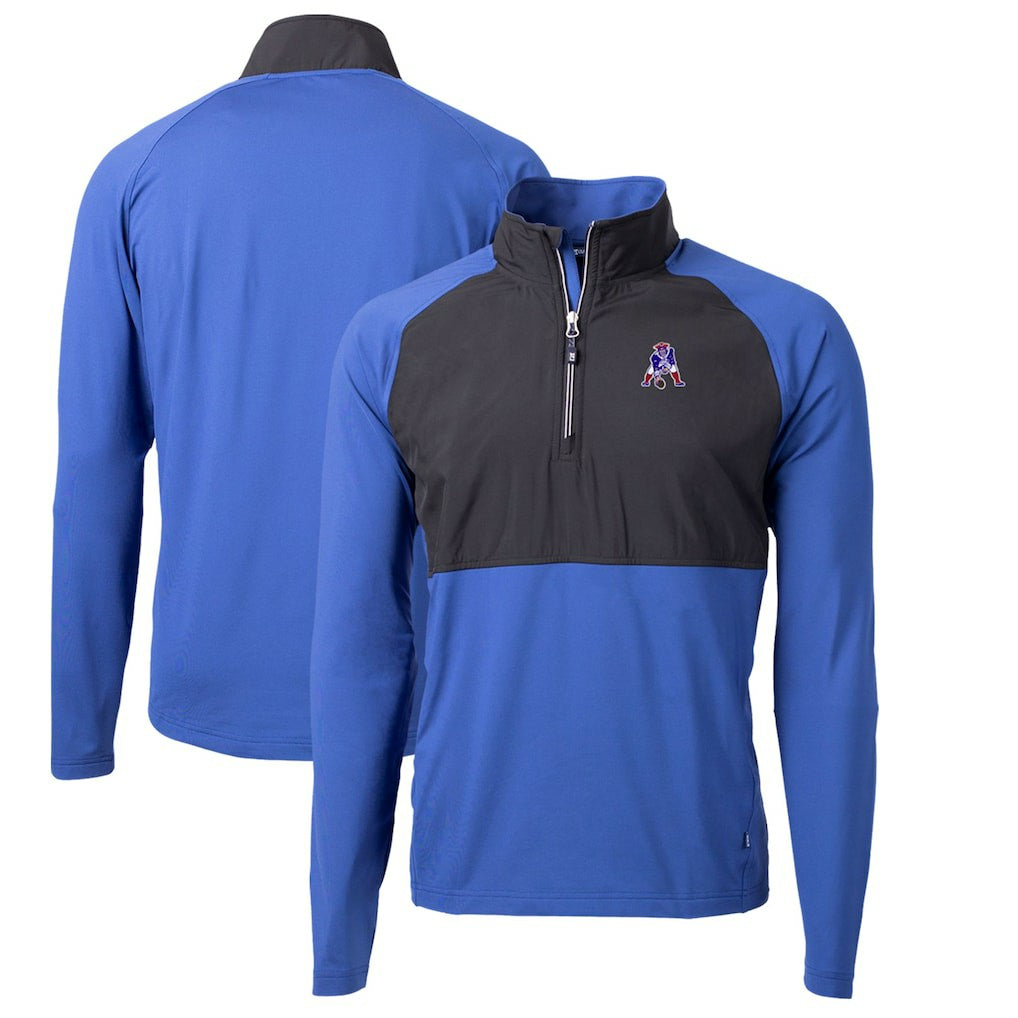 New England Patriots Cutter & Buck Adapt Eco Knit Hybrid Recycled Quarter-Zip Throwback Pullover Top Royal/Black - NFL