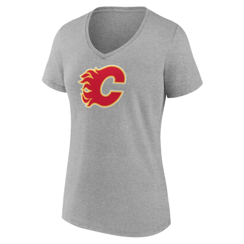 Calgary Flames - Women's Primary Logo Team V-Neck T-Shirt Heather Gray