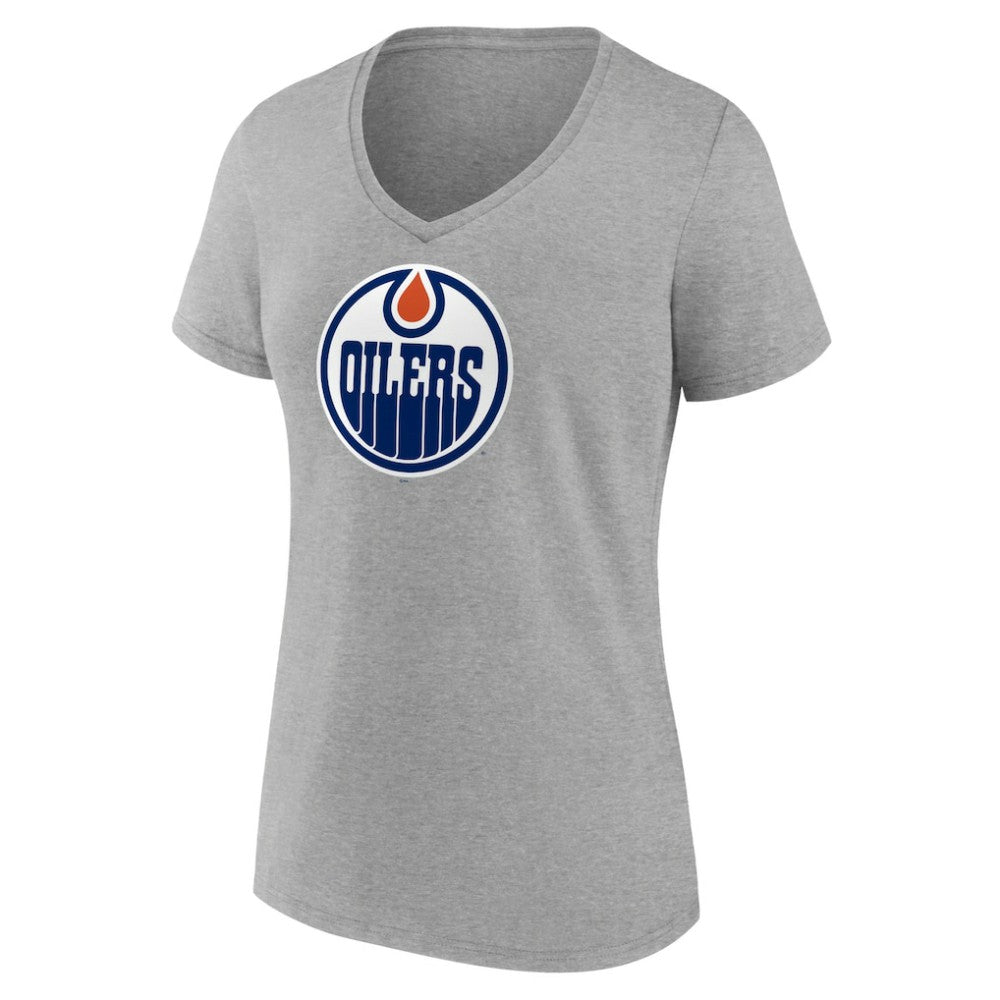Edmonton Oilers - Women's Primary Logo Team V-Neck T-Shirt Heather Gray